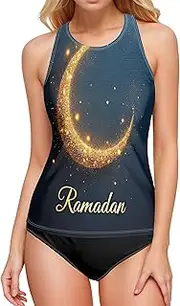 [Joitme] Halloween Pumpkins Night Swim Tops for Women, Small Plus Size Swim Top Tummy Control, Bathing Suit Top No Bottom, Ramadan Blue, Medium
