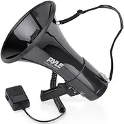 Pyle 50W Megaphone Bullhorn - Portable, Automatic Siren & Adjustable Volume, Projection Range Up to 1200 Square Yards, Aux Input, Talk, Siren, Music, Whistle, & Record, Shoulder Strap (Black)