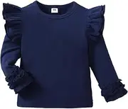 [Doahapyker] Toddler Girls Solid Color T-Shirt Kids Blouse Plain Ruffle Sleeve Top Baby Girl Cotton Casual Clothes