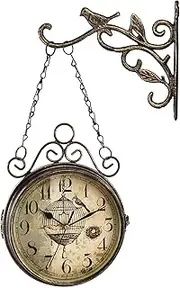 Retro Metal Double Sided Wall Clock, Silent Double Sided Station Clock, Battery Operated Decorative Hanging Clock for Indoor, Outdoor and Courtyard Garden