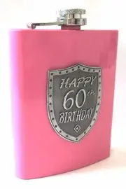 20128 60th PINK 150ml HIP FLASK WITH SHIELD BADGE GIFT BOX SIXTIETH