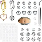 [QWALIT] Fake Belly Piercing Cubic Zircon Clip on Belly Button Rings Stick on Navel Ring non Piercing Fake Piercing Jewelry Silver Sticky Balls no Pierced, Metal, stainless-steel