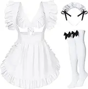 Adjustable Retro Ruffle Maid Costume Apron Pockets With French headdress Socks set(Style1 White)