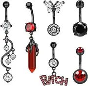 [TJCGCKK] 6 Pcs Stainless Steel Belly Button Rings for Women Shiny Crystal Dangle Belly Rings Dragon Curved Barbell Navel Rings Body Piercing Jewelry