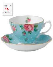 Royal Albert Polka Blue Vintage Teacup & Saucer Boxed Set with $6 Credit