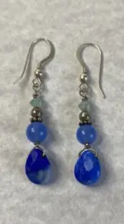 Blue Chalcedony sodalite Swarovski crystal dangle Silver earrings