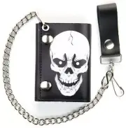 GENUINE LEATHER LARGE WHITE SKULL HEAD TRI-FOLD MEN WALLET W SNAP ON CHAIN GI548