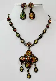 Vintage Brass Finish Lucite Crystal Necklace 16”+2” ext Pierced Earrings Set