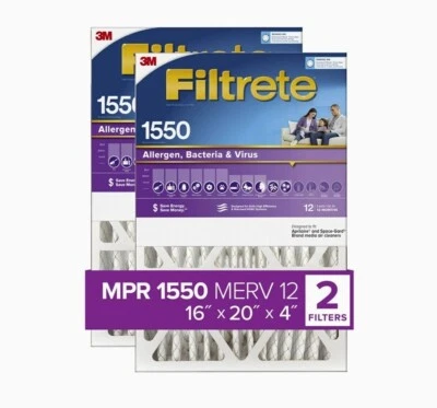 3M Filtrete 16×20×4 Air Filters MPR 1550, Allergen, Bacteria & Virus (2 Pack )