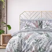 [Sleepdown] 100% Pure Cotton Leaf Floral Multi Tropics Grey Reverisble Duvet Cover Quilt Pillow Cases Bedding Set Soft Easy Care - King (230cm x 200cm)