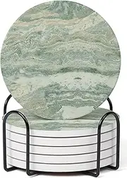 Hoomey Set of 6 Sage Green Abstract Onyx Marble Coasters with Holder, Absorbent Ceramic Drink Coasters for Table Protection, Coffee Table Decor