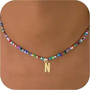 [Senfour] HONGXUNJIE HXJ Colorful Beaded Initial Necklaces for Girls Gifts, Choker Necklace for Women, Gold Plated Name Letter Necklaces for Girls, Women, Teen and Preteen Gifts