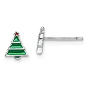 Sterling Silver Madi K Rhodium-Plated Polished Green & Red Enameled Christmas Tree Children'S Post Earrings