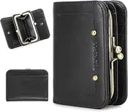 [Contacts] Full Grain Leather Kiss Lock Wallet for Women Vintage Coin Purse Small Bifold Card Holder RFID Blocking with 16 Card Slot (Black), Black, Trifold, Vintage
