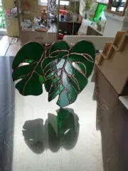Handmade Beautiful Two Leaf Stained Glass Monstera Green Suncatcher Dark Green