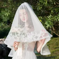 在飛比找Yahoo!奇摩拍賣優惠-【熱賣精選】新娘頭紗新款結婚韓式白色中長簡約頭紗蕾絲花朵多層