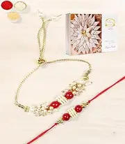Ghasitaram Gifts Rakhis Online - Rakhi for Brother-RT-Red Pearl Bhaiya Bhabhi Rakhi with 400 GMS of Kaju katli