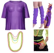 Purple Neon Fishnet Vest Top T-Shirt 1980s Costume Plus Beaded Necklace Bracelet legwarmers gloves