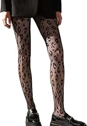 [Zeaicos] Women Leopard Print Patterned Tights, High Waist Fishnet Tights Thigh High Stockings Suspender Pantyhose, Black, 14