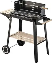 Healthy Choice Charcoal Grill BBQ on Trolley Stand with Manual Rotisserie Stick, Two Wooden Shelves, Wheels for Easy Maneuverability - 87cm x 83cm x 45.5cm, Black + Light Wood