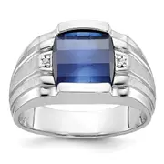 14k White Gold Men's Satin Created Sapphire and Diamond Complete Ring