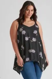 Autograph Tunic Top Plus Size 26 Sleeveless Straps Asymmetric Black Floral RP$85