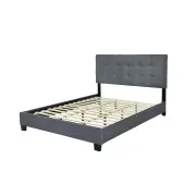 Design Square Linen Fabric Bed Frame Double Size Button Bed Head Dark Grey