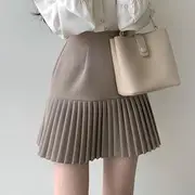 Long-Sleeve Layered Collar Plain Heart Button Blouse / High Waist Plain Accordion Pleated Mini A-Line Skirt Skirt - Khaki - M