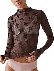[Ugerlov] Women's Long Sleeve Mesh Top Mock Neck Sheer Blouse See Through Floral Lace Tops