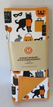 Martha Stewart 2 Kitchen Reversible Dish Drying Mats Black Cat Halloween 16"x22"