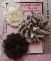 BEIGE & SEAL BROWN Floral Fabric Chiffon Lace 3 Flower Pk 60-80mm E1A NJC