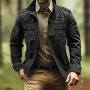 Men's Outdoor Jacket Tactical Jacket Outdoor Daily Wear Warm Zipper Pocket Fall Winter Plain Fashion Streetwear Lapel Regular Black Khaki Army Green Jacket