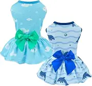 Vehomy 2-Pack Dog Summer Dress Breathable Puppy Cat Dresses with Bowknot Pet Summer Cool Outfits Skirts with Sea Fish Dolphin Patterns for Small Medium Dogs XS