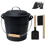 Black Ash Bucket Kit with Shovel Broom Gloves for Fireplace Fire Pit Cleanup