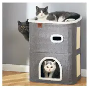 2 Tier TAN Cat House Home Condo Cat Tree Scratching Posts Bed Hideout