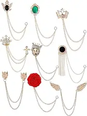 [Tornito] 9Pcs Tassel Chain Brooch Collar Pins Rose Flower Rhinestone Angel Wings Wolf Head Hanging Chains for Suit Lapel Tuxedo Shirts Tie Hat Scarf Brooch Pin Fashion Jewelry for Men's Accessories