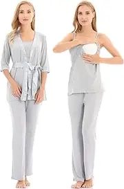 [Bearsland] Maternity Women's 3 Pieces Soft Nursing Pajamas Set Postpartum Sleepwear for Breastfeeding