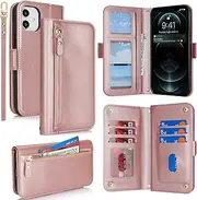SunYoo for iPhone 12 Pro Case Leather Wallet with Card Holders Money Slots Wrist Strap for Women Men RFID Blocking Purse for iPhone12 Pro Zipper Coin Pocket Cover Kickstand Folio Flip Case Pink