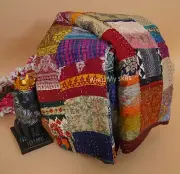 Recycled Indian Silk Sari Patchwork Quilt Blanket Handmade Kantha Quilt For Sale