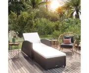 Sun Lounger with Cream White Cushion Poly Rattan Black