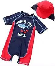 [Danlaru] Baby Toddler Boys Girls One Piece Swimsuit Set Swimwear Shark Bathing Suit Rash Guards Sunsuit with Hat UPF 50+, Shark Navy, 24 Months