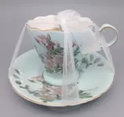 Teacup & Saucer Floral Seafoam Green Footed Cup Reticulated Plate Thin Gold Trim
