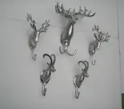 Metal Stag Head Wall Mount Coat Hooks Set of 5 Deer Buck Christmas New Year *