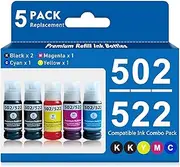 Remanufactured 522 502 Ink Refill Bottles Combo Pack Black & Color Replacement Compatible for 502 Ink 522 for Ecotank ET-2800 ET-2850 ET-3760 ET-2720 ET-4760 ET-2760 ET-4850 ET-3850 Printer (5 Pack)