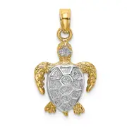 14k Yellow & Rhodium Gold with White Rhodium Swimming Sea Turtle Charm