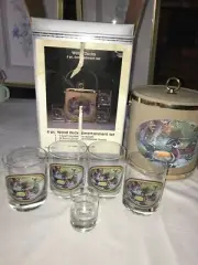 nos CUSTOM DECO 6pc Entertainment Set WOOD DUCK Barware ICE BUCKET & ROCKS GLASS