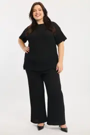 Black Textured Jersey Wide Leg Pants