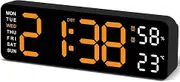 Yakiter Digital Alarm Clock, 9" LED Alarm Clock for Bedroom, Bedside Desk Table Clock with Temperature/DST/Humidity/Snooze-12/24H, for Deep Sleepers Kids Elderly Home Office (Orange)