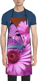 LHBWCVN Flower purple butterfly Apron for Adults, Waterproof Cooking Aprons with 2 Pockets, Adjustable Bib Apron for Dishwashing, Long Kitchen Apron for Women Men Work Aprons for Dog Grooming, Black