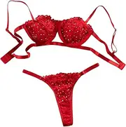 [Floerns] Women's Floral Lace Rhinestone Cut Out Underwire Bra and Panty Lingerie Set